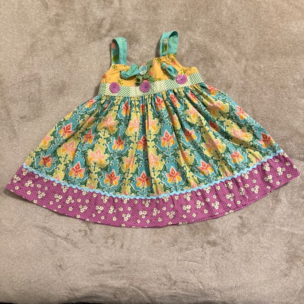 Matilda Jane Funnel Cake Knot Dress Girls 12M Mixed Print Floral Damask Colorful